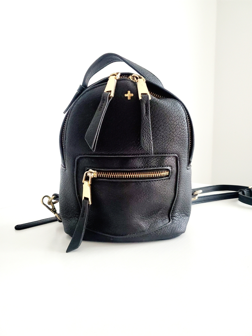 Peta + Jain Black Mini Pebbled Leather Backpack with Gold Hardware
